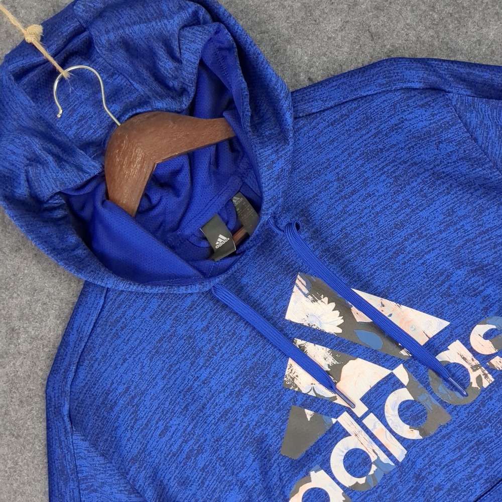 Adidas Womens Climawarm Blue Heather Space Dye Floral Logo Hoodie Small